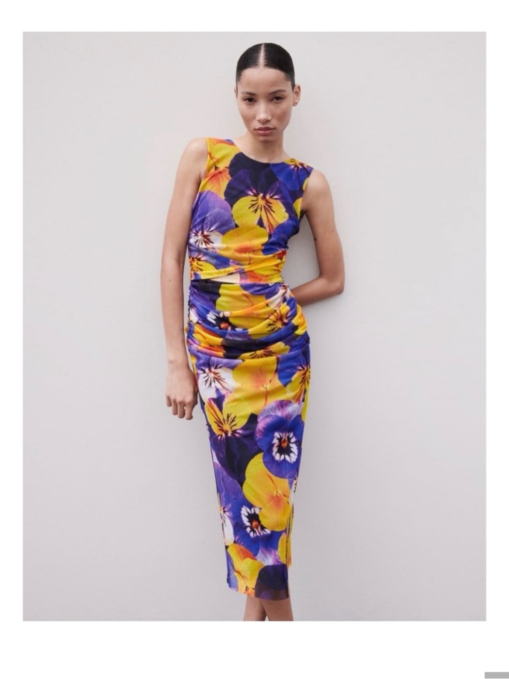 Zara Yellow & Purple Floral Ruched Midi Dress